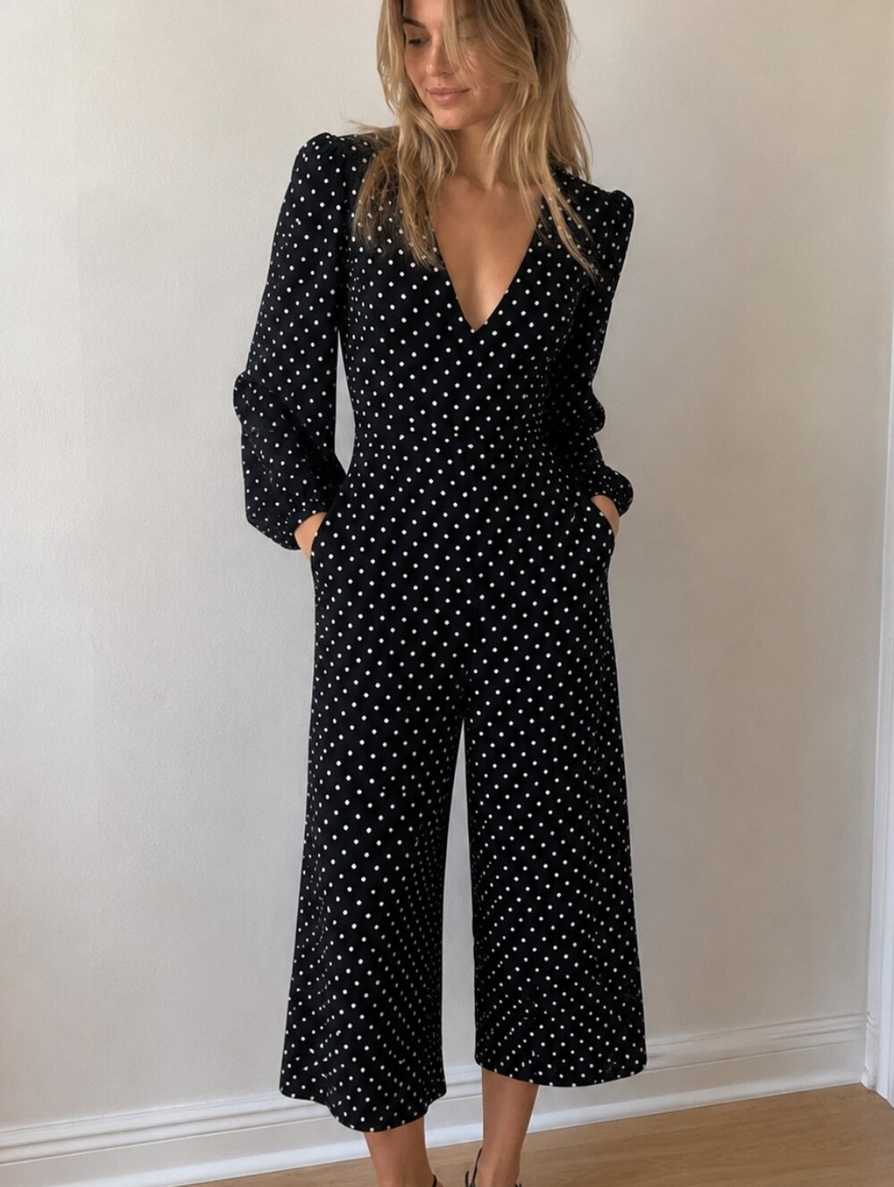 Zara Black Jumpsuit with White Polka Dots